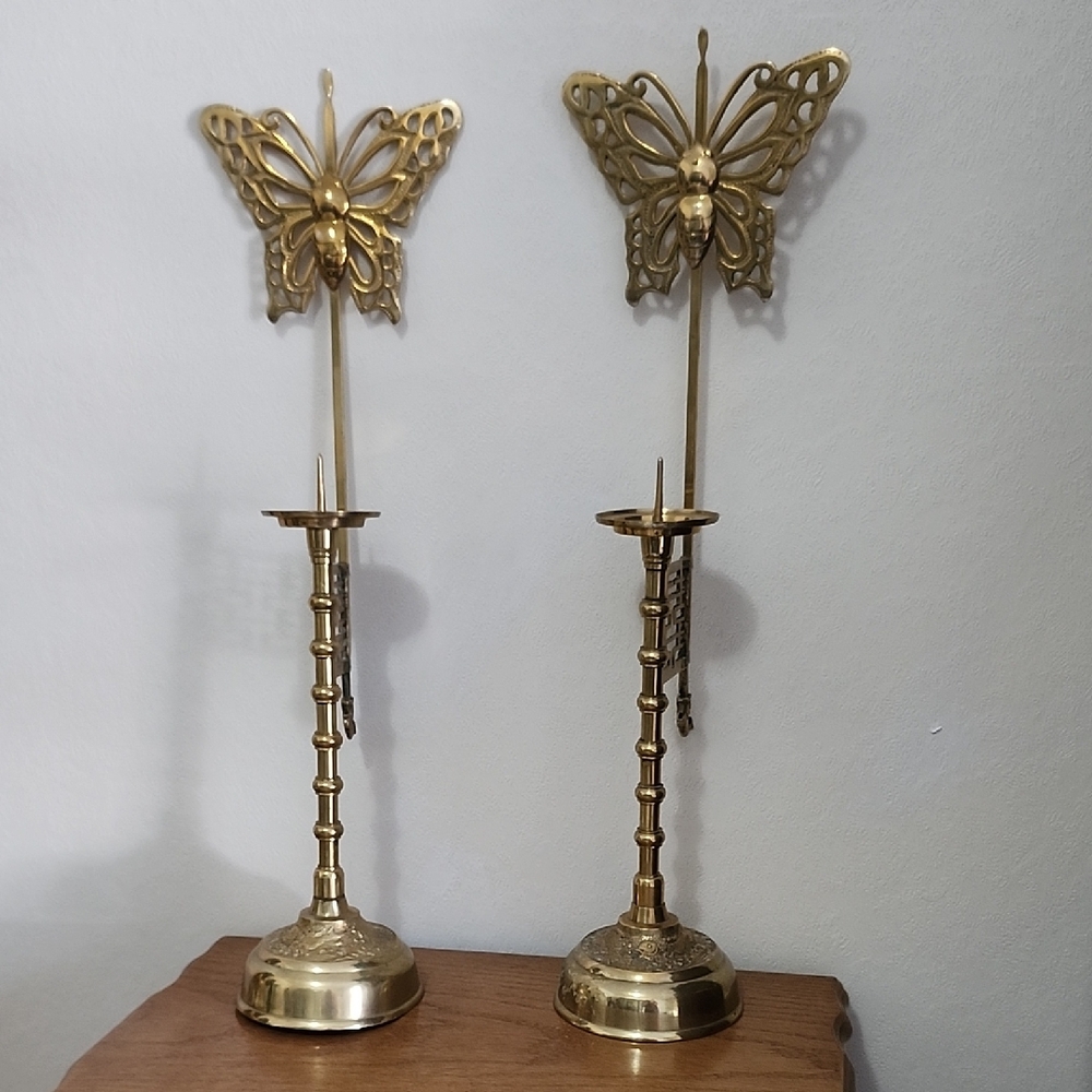 Vintage Asian Brass Butterfly candleholders with swivel attachment Fish Design